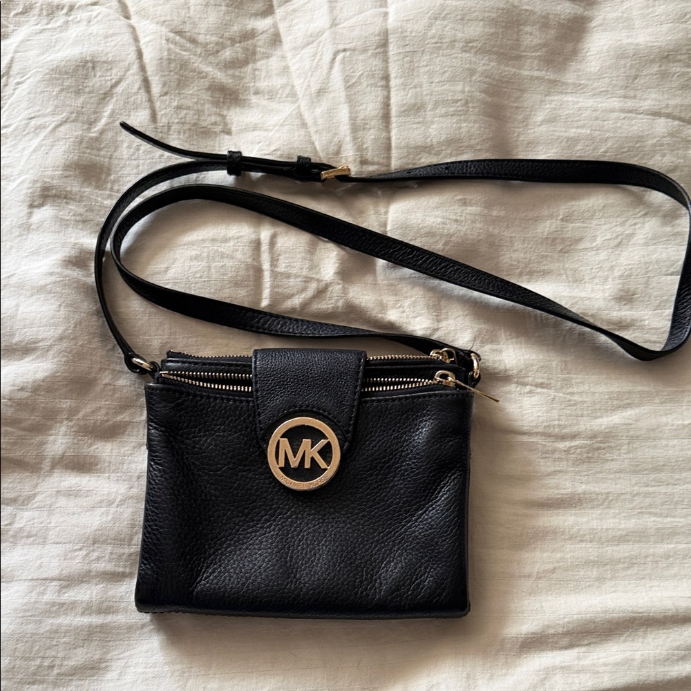 Michael Kors Black Leather Crossbody with Gold MK Medallion